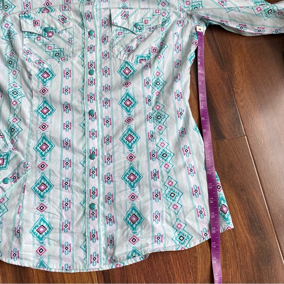Wrangler Retro Western Curved Yoke Turquoise Snap Down Shirt - Picture 13 of 16